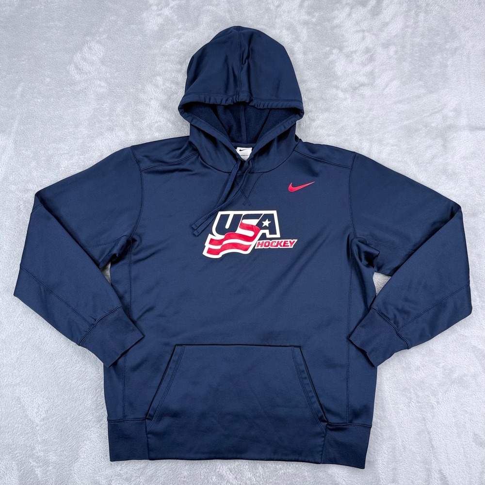 Nike USA Hockey Hoodie Mens Large Navy Blue Therma-FIT Pullover Sweatshirt Team